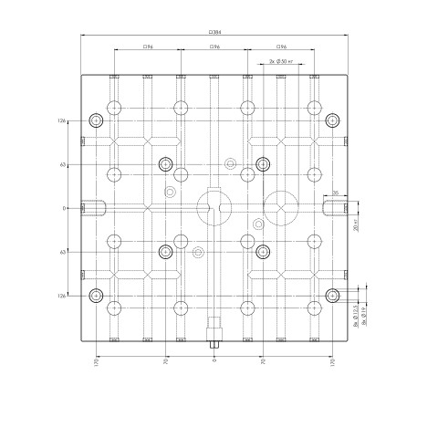 Dessin technique 45741: Quick•Point® 96 Plaque quadruple 384 x 384 x 27 mm avec un perçage de fixation pour un entraxe de rainures de 63 mm