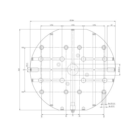 Dessin technique 45964: Quick•Point® 96 Plaque 2 double, rond ø 384 x 27 mm avec un perçage de fixation pour un entraxe de rainures de 100 mm